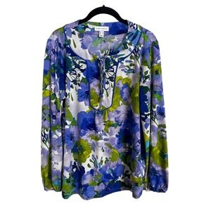 Susan Graver Blouse Size M Floral Lace‎ Up Top Green Blue White Boho Casual Work